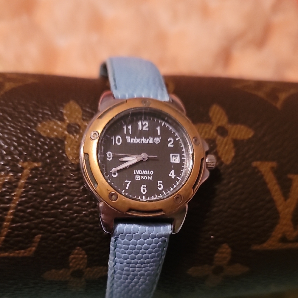 Timberland Womens Watch Bronze Case Blue Band Date Window Indiglo Light